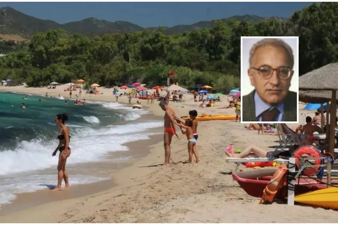 La spiaggia di Geremeas e il professor Ugo Criscuolo (foto da Facebook)