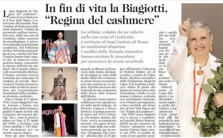 L'articolo de &quot;L'Unione Sarda&quot; che annuncia il malore della stilista