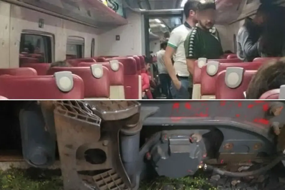In alto, passeggeri a bordo del treno. In basso, i danni al treno (Foto GLD)