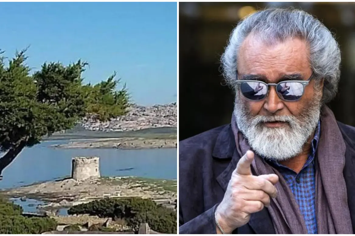 A sinistra, una veduta di Stintino da Capo Falcone. A destra, Diego Abatantuono (foto Tellini - Ansa)