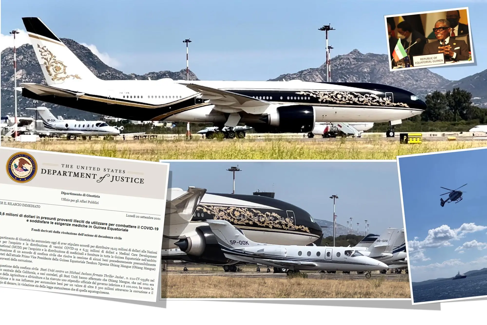 Dall'alto: il 777 all'aeroporto di Olbia, nel riquadro Nguema Obiang, l'elicottero che atterra sullo yacht, scorcio aerei a Olbia, la decisione Usa (L'Unione Sarda)