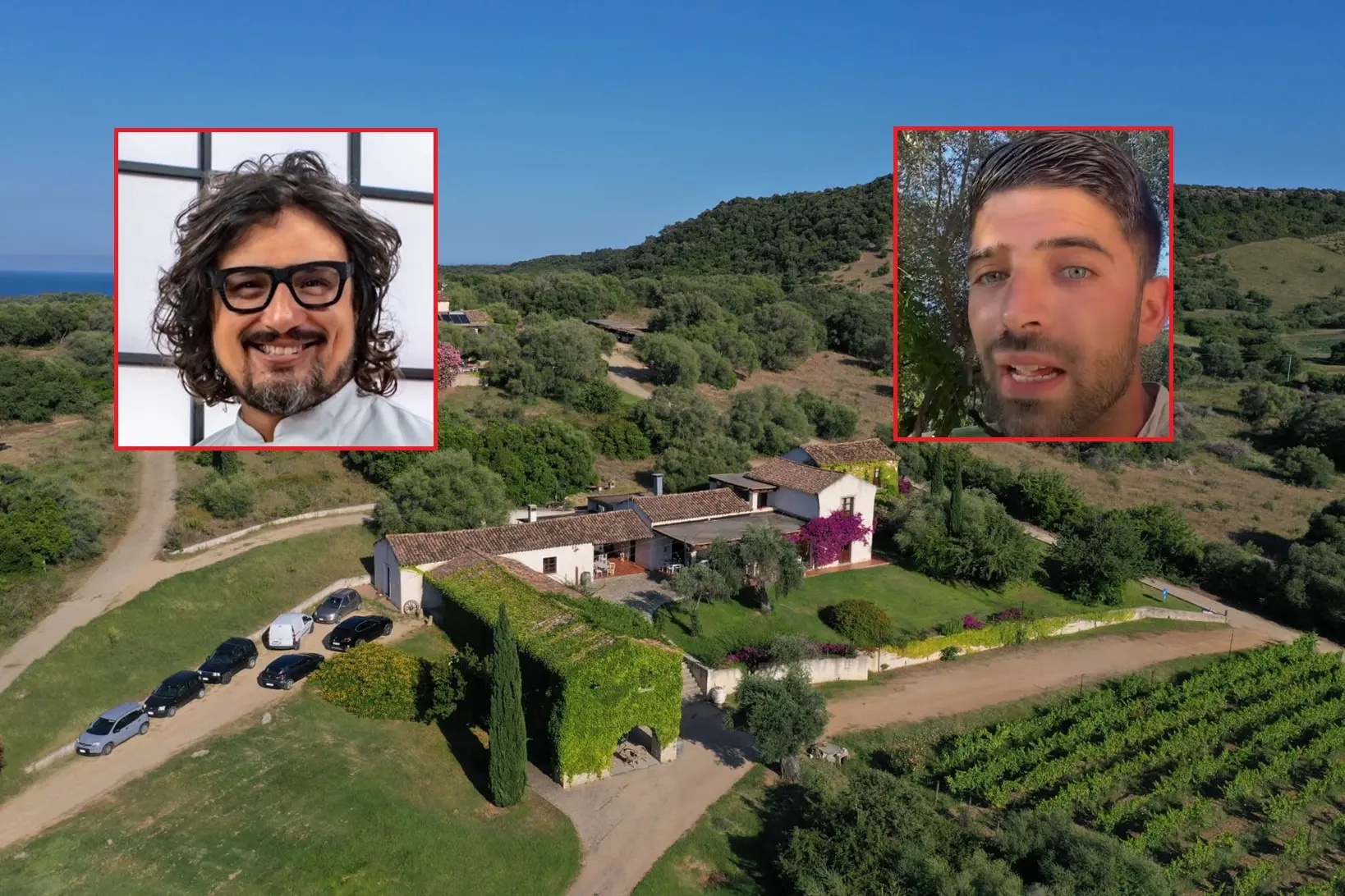 Il ristorante Abba 'e Murta di Tortolì e, nel riquadro, Alessandro Borghese (a sinistra) e Michael Ardu (a destra)