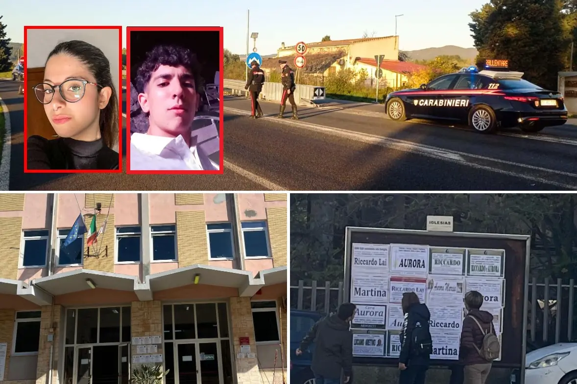 In alto: Aurora e Riccardo, il luogo dell'incidente. Sotto: bandiere a mezz'asta a scuola e i necrologi