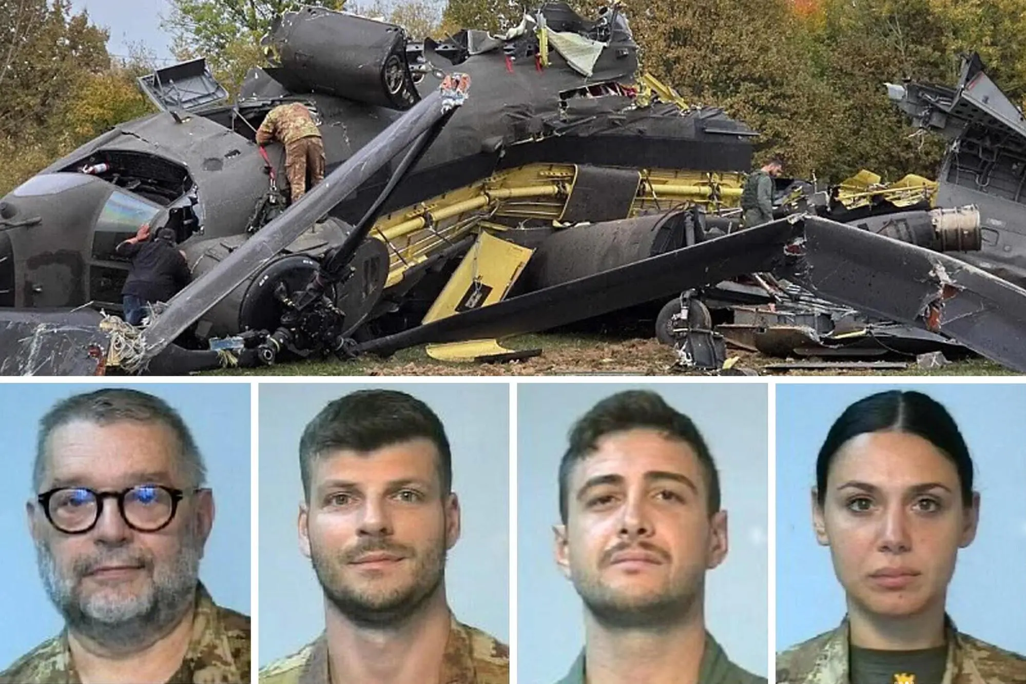 In una combo l'elicottero CH 47 dell'operazione Eufor Althea in Bosnia-Erzegovina e le quattro vittime: da sinistra Franco Adriano Zecchillo, Claudio Marchesi, Simone Ruggia, Laura Procacci (ANSA)