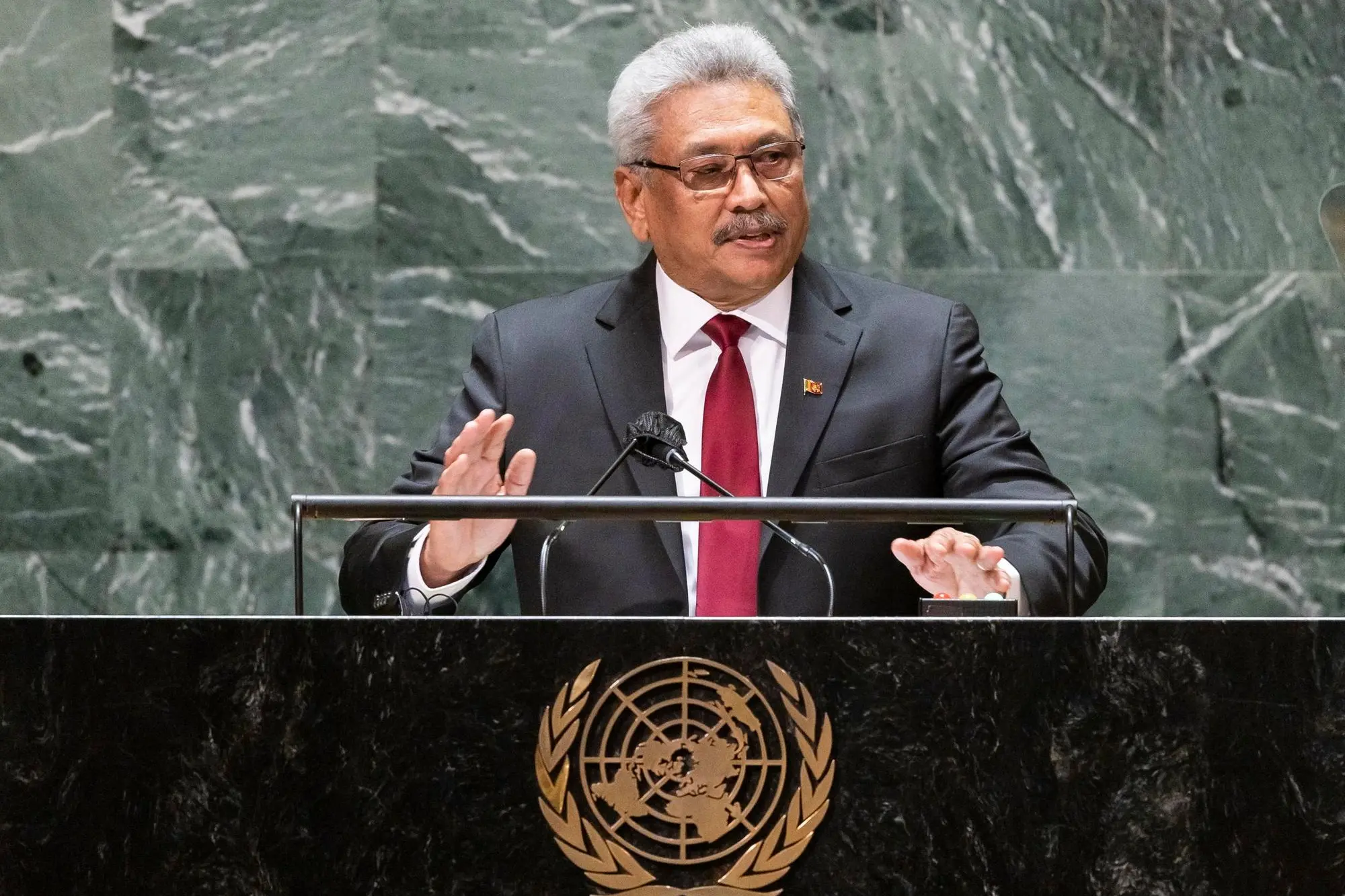 epa10062153 (FILE) - Sri Lanka's President Gotabaya Rajapaksa addresses the General Debate of the 76th Session of the United Nations General Assembly in New York, New York, USA, 22 September 2021 (reissued 09 July 2022). Sri Lankan President Rajapaksa on 09 July 2022 has agreed to resign on 13 July, the parliament's speaker said in a statement after a party leaders' meeting. Thousands of protesters broke through police barricades and stormed the president's official residence during anti-government protest in Colombo. Violent protests have been rocking the country for months over the government's alleged failure to address the worst economic crisis in decades. EPA/JUSTIN LANE *** Local Caption *** 57188265