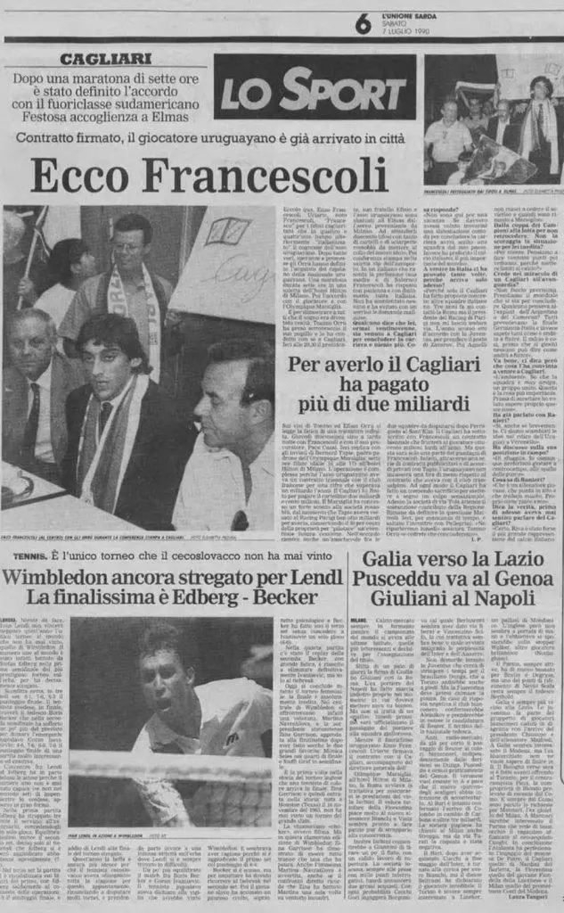 L'Unione Sarda del 7 luglio 1990 dà notizia dell'arrivo di Enzo Francescoli a Cagliari
