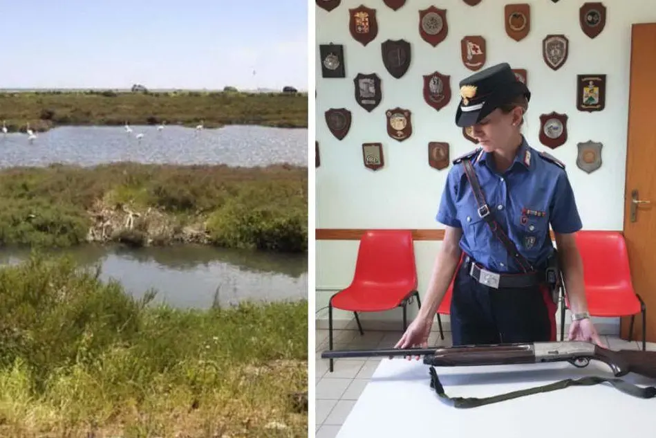 Lo stagno di Santa Gilla (L'Unione Sarda) e il fucile sequestrato (Carabinieri)