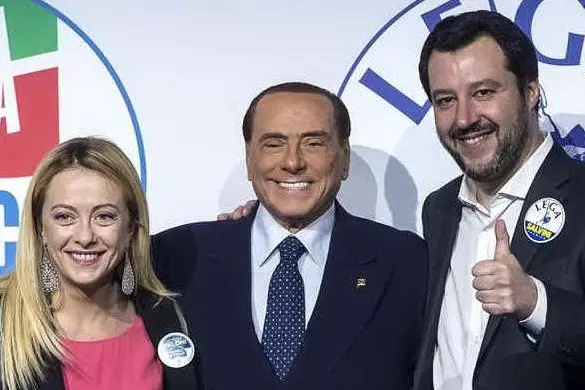 Meloni, Berlusconi e Salvini in uno scatto del 2018 (foto Ansa)