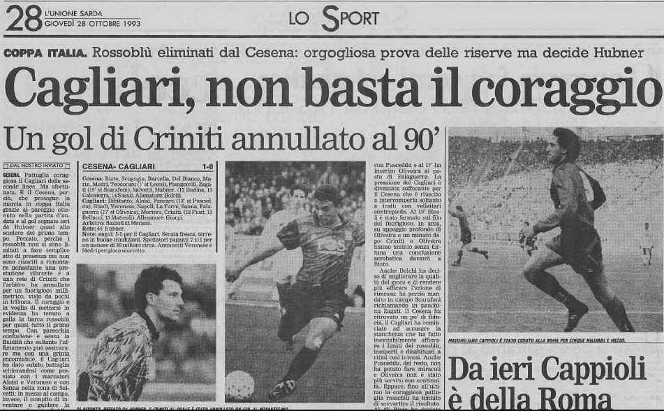 Articolo Unione Sarda del 28 ottobre 1993: Cesena-Cagliari di Coppa Italia, con l'esordio da titolare di Falaguerra