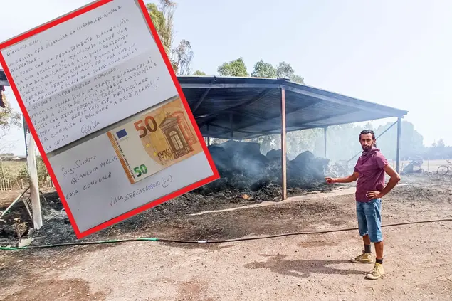 Stefano Pili davanti alla sua azienda distrutta e, nel riquadro, la lettera e la donazione