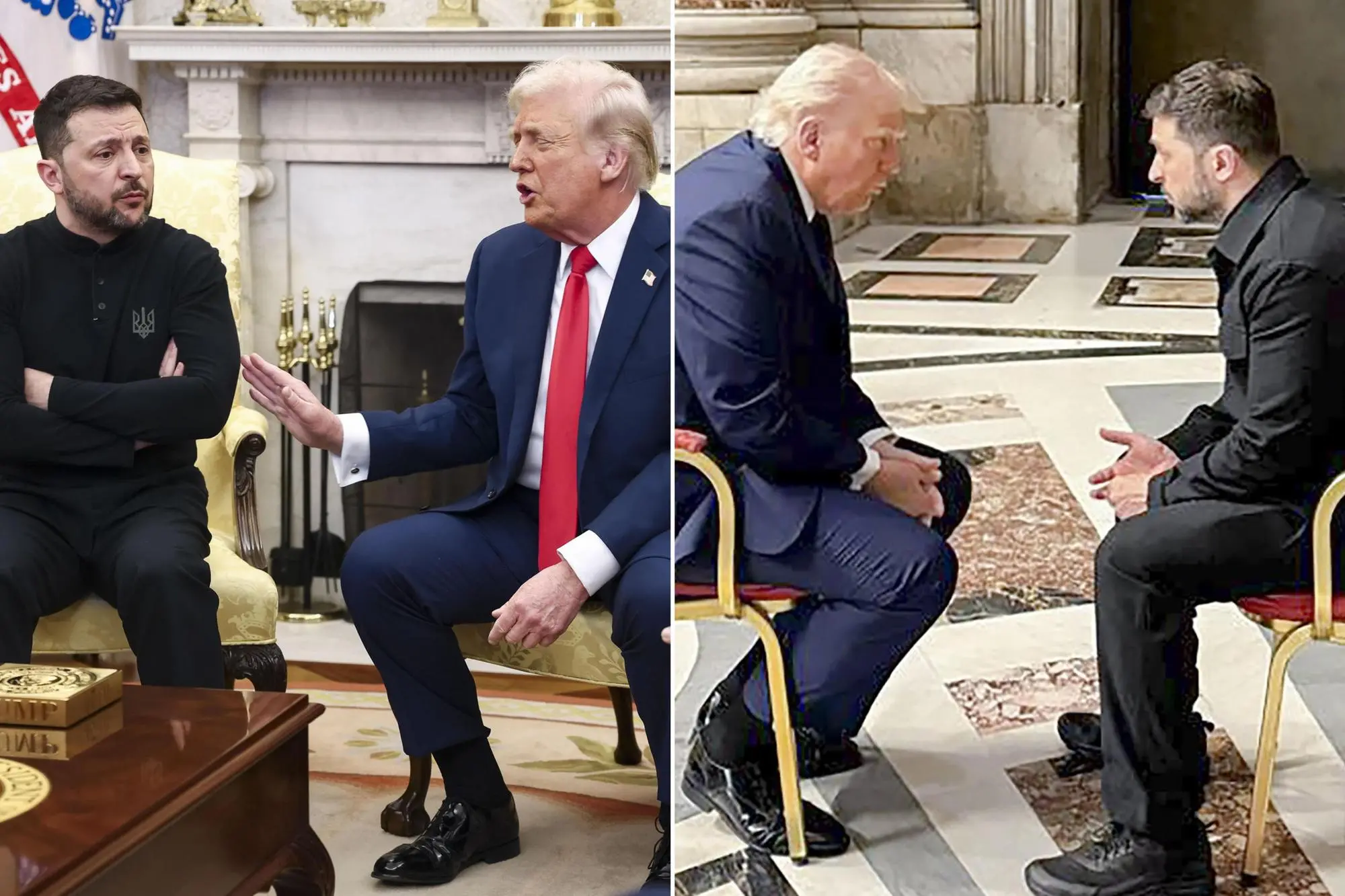 Donald Trump e Volodymyr Zelensky durante lo scontro alla Casa Bianca (S) e durante il loro dialogo in Vaticano (D)