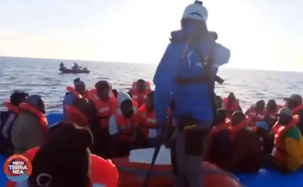 I migranti in un fermo immagine di un video pubblicato da Mediterranea (Ansa)