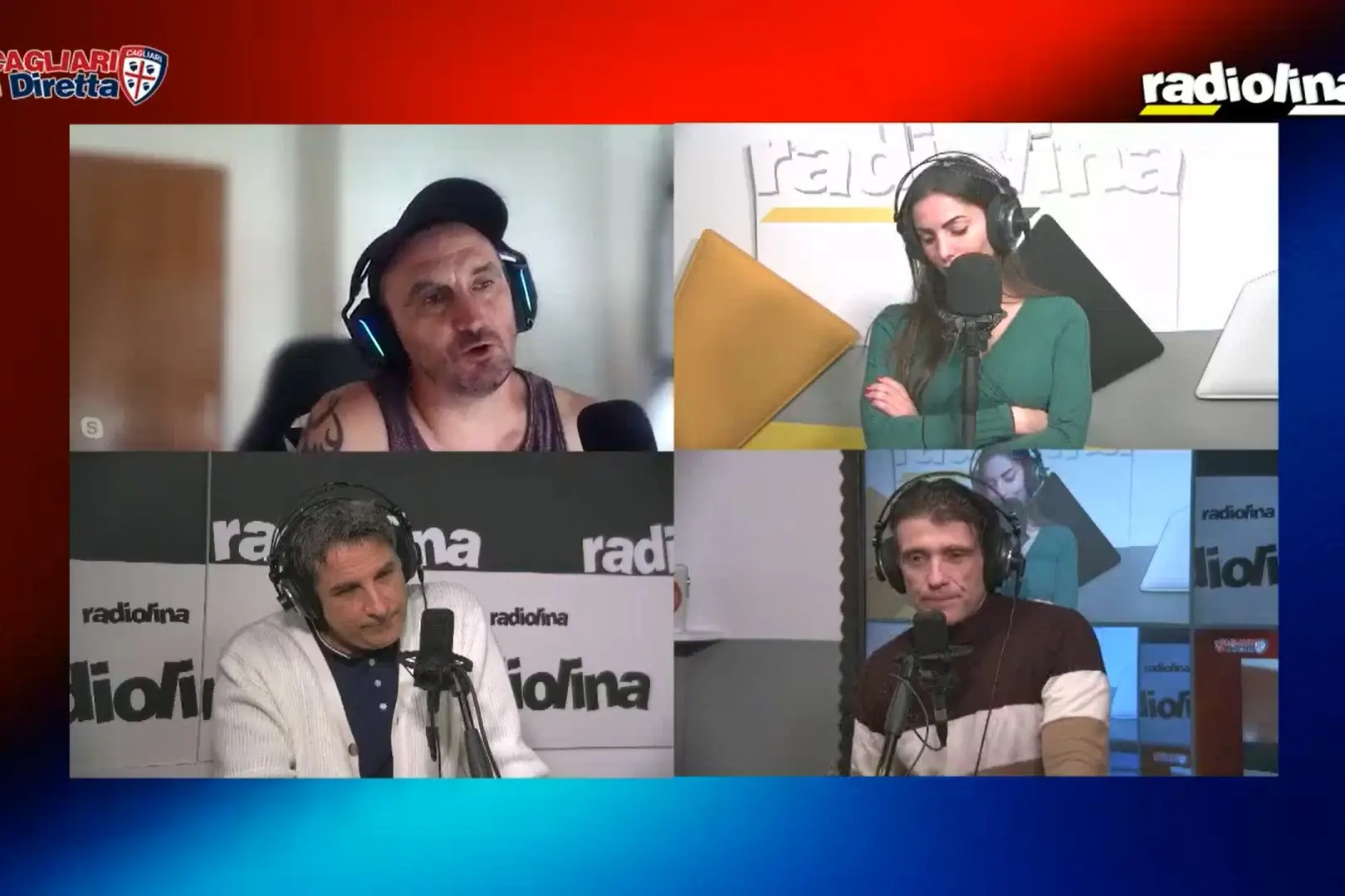 Nelson Abeijón durante Il Cagliari in Diretta, con i conduttori Valentina Caruso, Fabiano Gaggini e Alberto Masu