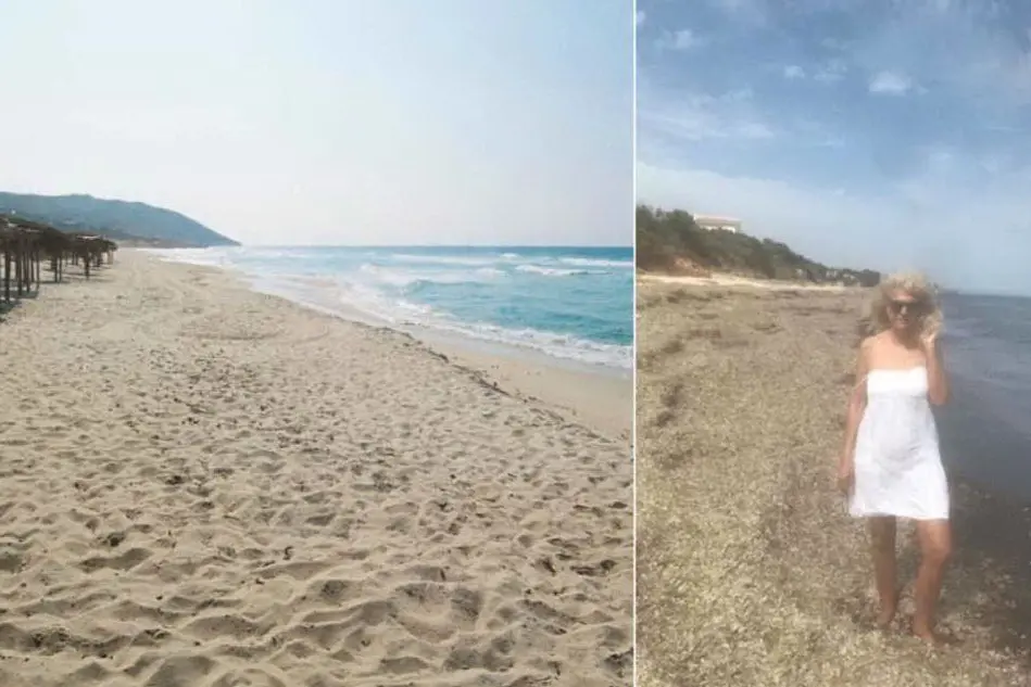 La spiaggia di Riva dei Pini: a destra, Stella Pende tra le alghe