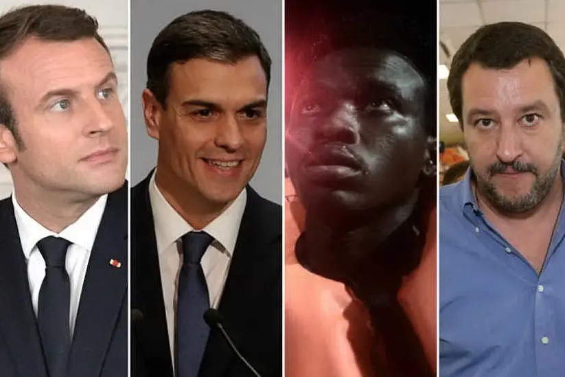 Da sinistra: Macron, Sanchez, un migrante sull'Aquarius e Salvini