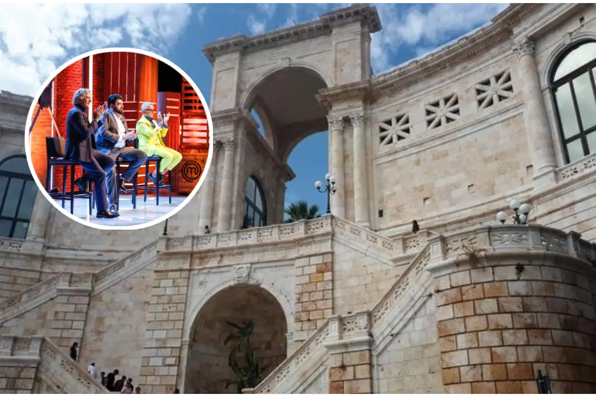 Il Bastione di Saint Remy, nel riquadro i giudici di Masterchef (foto Ansa e Sky)