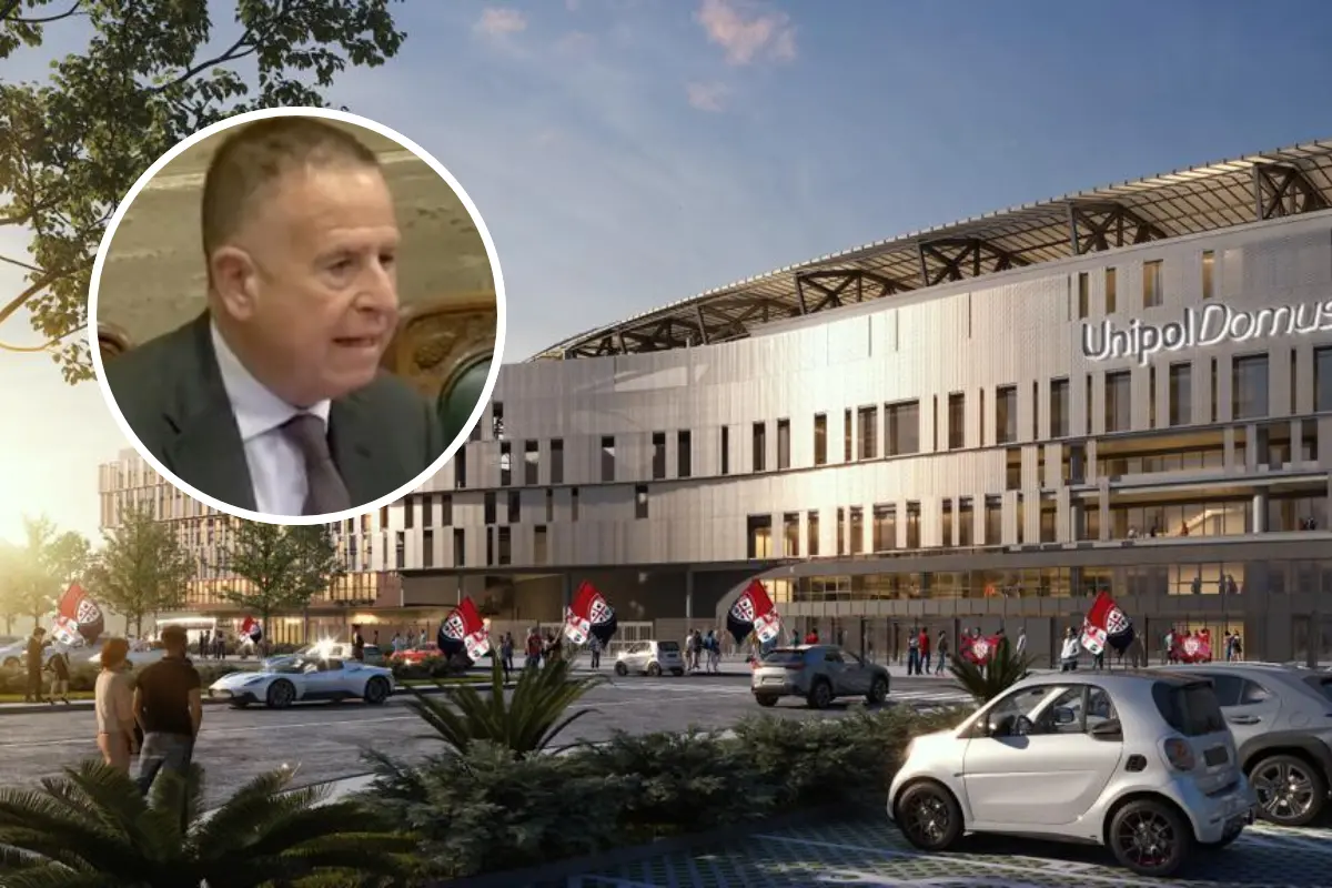 Il render del nuovo stadio e, nel tondo, Giuseppe Macciotta