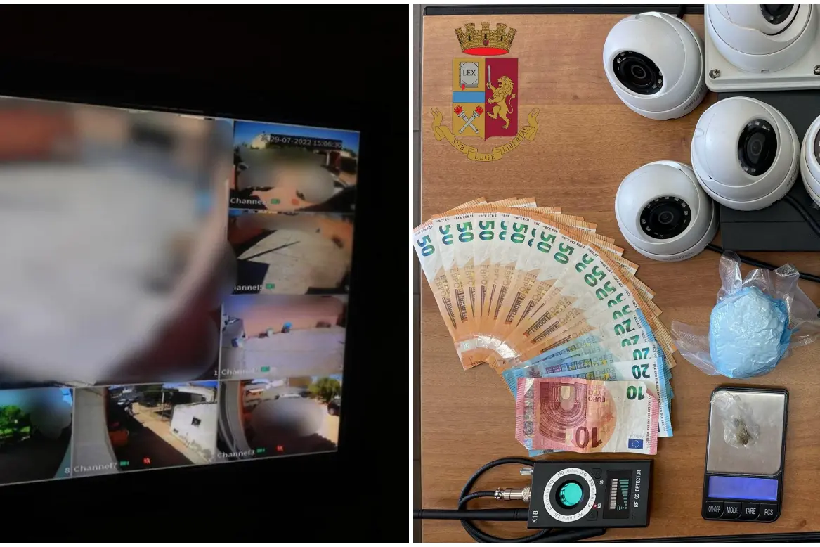 L'impianto di videosorveglianza e il materiale sequestrato a Uta (foto polizia)