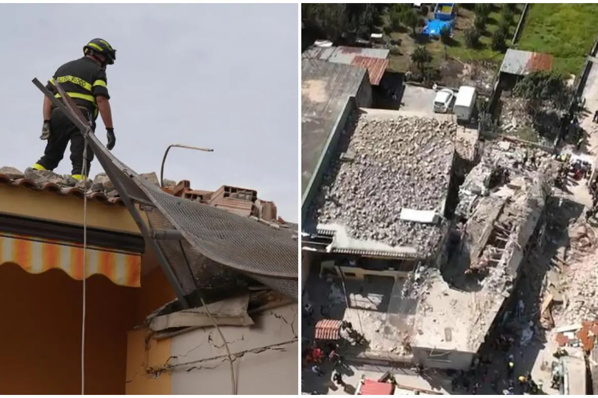 Saviano, il cumulo di macerie dopo il crollo della palazzina (foto Ansa)