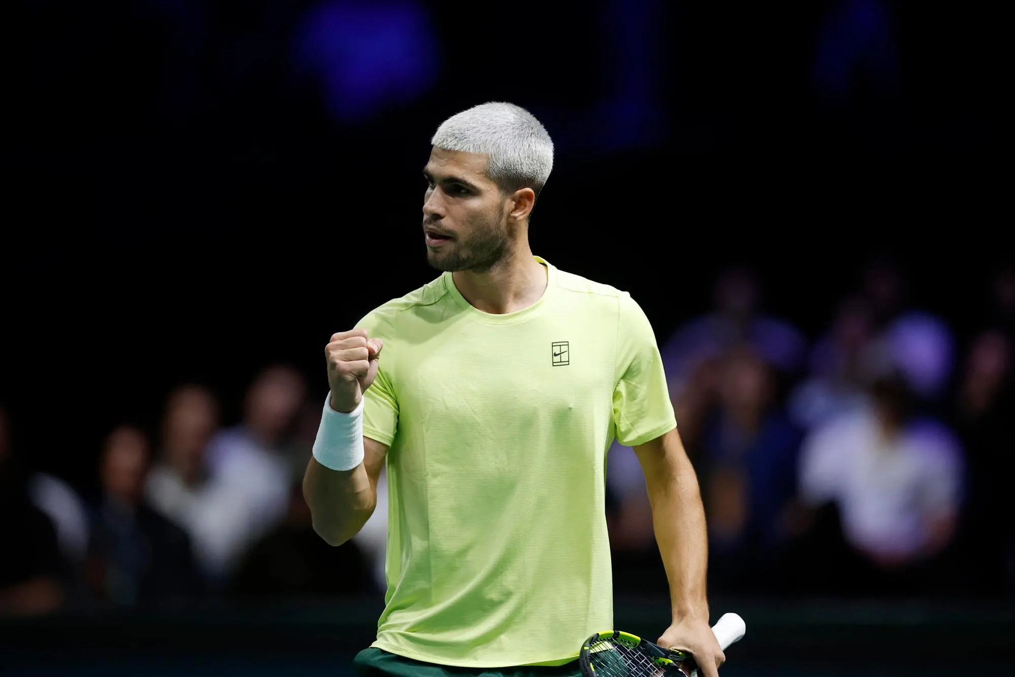 epa12488190 Carlos Alcaraz of Spain celebrates a point during his second round match against Cameron Norrie of Great Britain at the ATP Paris Masters tennis tournament in Nanterre, outside Paris, France, 28 October 2025. EPA/YOAN VALAT