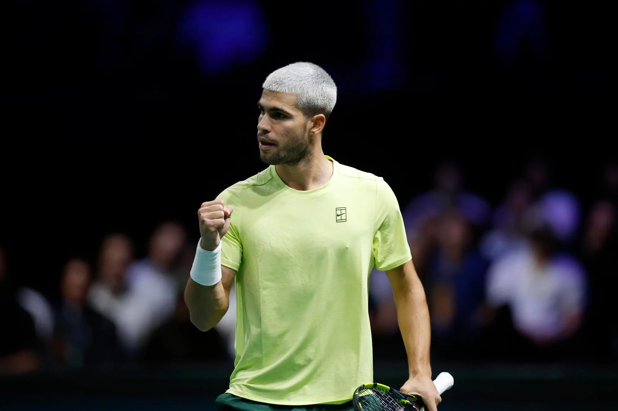 epa12488190 Carlos Alcaraz of Spain celebrates a point during his second round match against Cameron Norrie of Great Britain at the ATP Paris Masters tennis tournament in Nanterre, outside Paris, France, 28 October 2025. EPA/YOAN VALAT