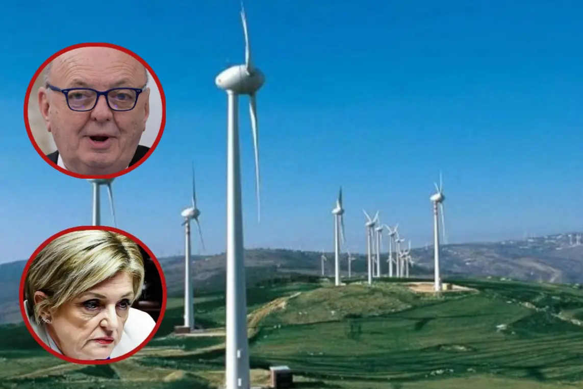 Un impianto eolico e, nei tondi, Pichetto Fratin e Calderone