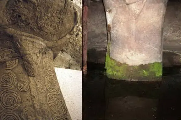 A sinistra la protome taurina così come era visibile alcuni anni fa, a destra le condizioni attuali della tomba - il combo è stato realizzato dall'associazione Aristanis bike