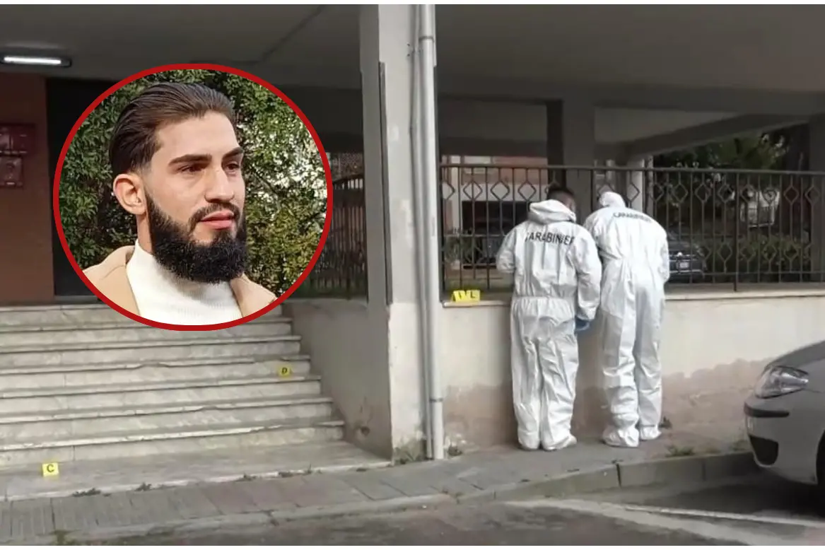 Carabinieri del Nucleo investigativo del Comando provinciale di Cagliar al lavoro sotto la palazzina di piazza Settimio Severo. A sinistra la vittima, Leonardo Mocci (L'Unione Sarda)