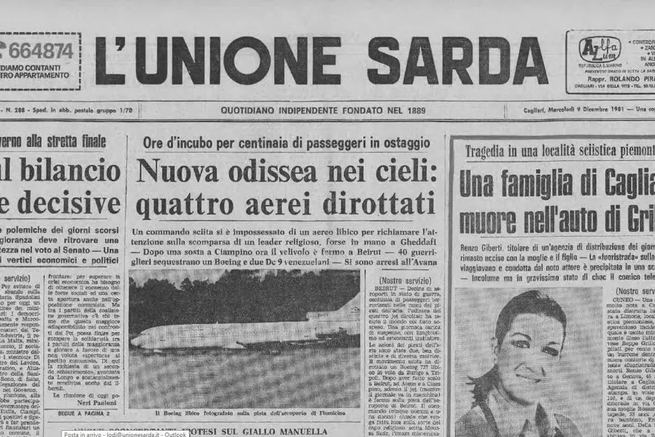 La prima pagina de L'Unione Sarda all'epoca del tragico incidente, nel dicembre 1981