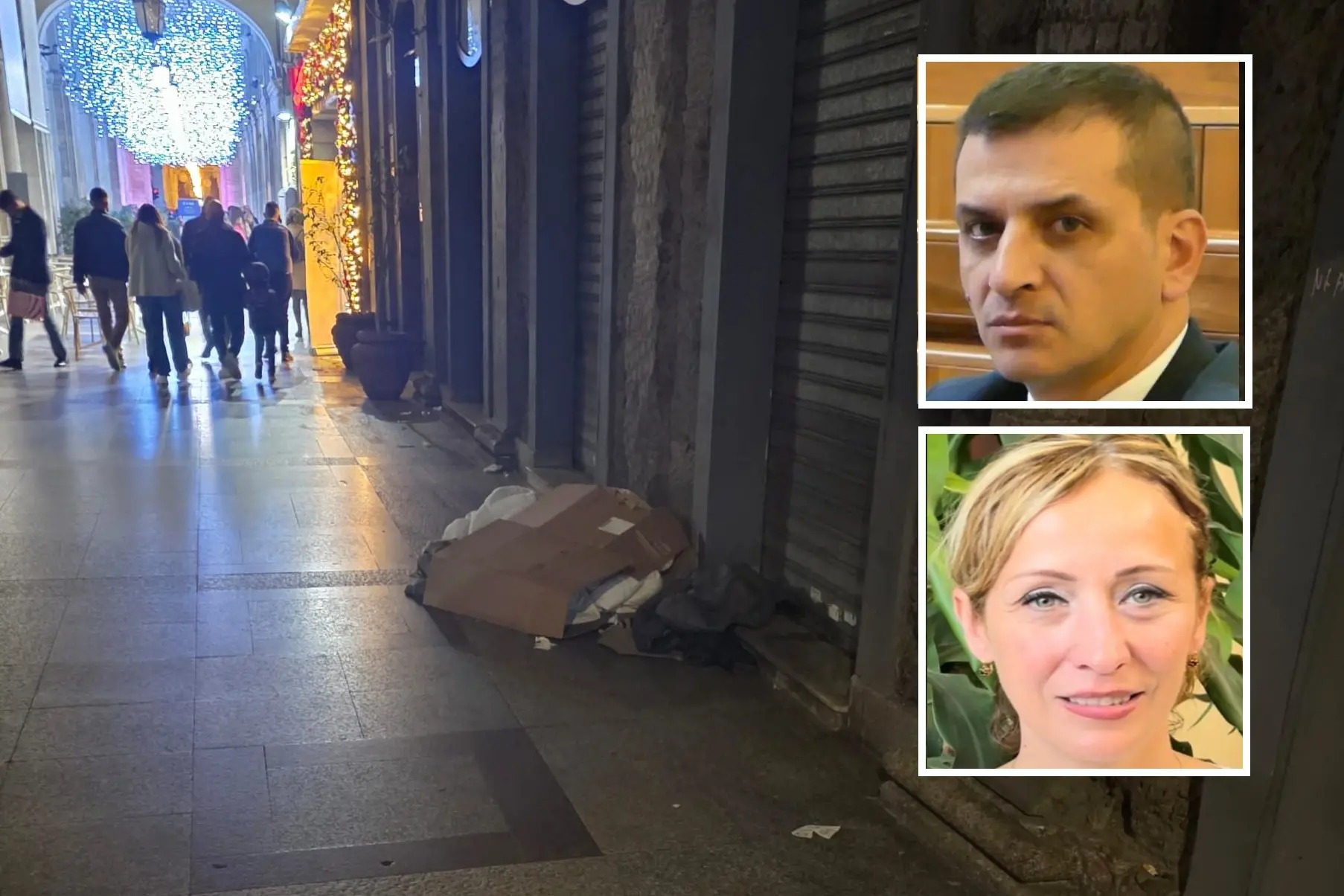 Via Roma e, nei riquadri. Corrado Meloni e Anna Puddu