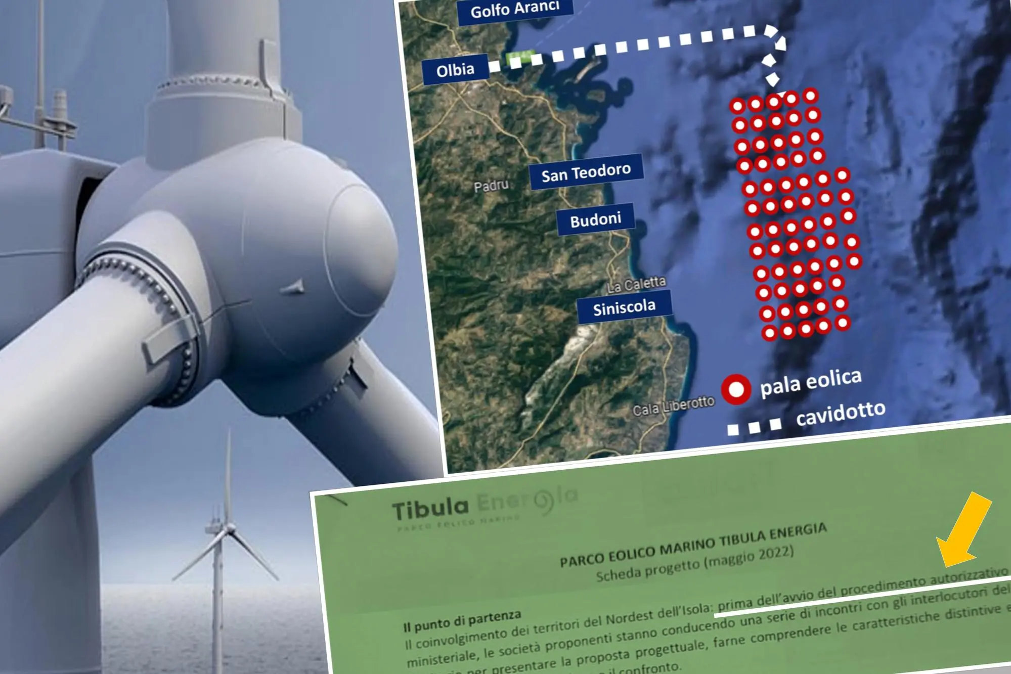 Una delle 65 pale eoliche da 268 metri da piazzare nel mare di Gallura; la mappa del "parco" eolico; il documento di "Tibula Energia" che si impegnava "prima" a confrontarsi (L'Unione Sarda)