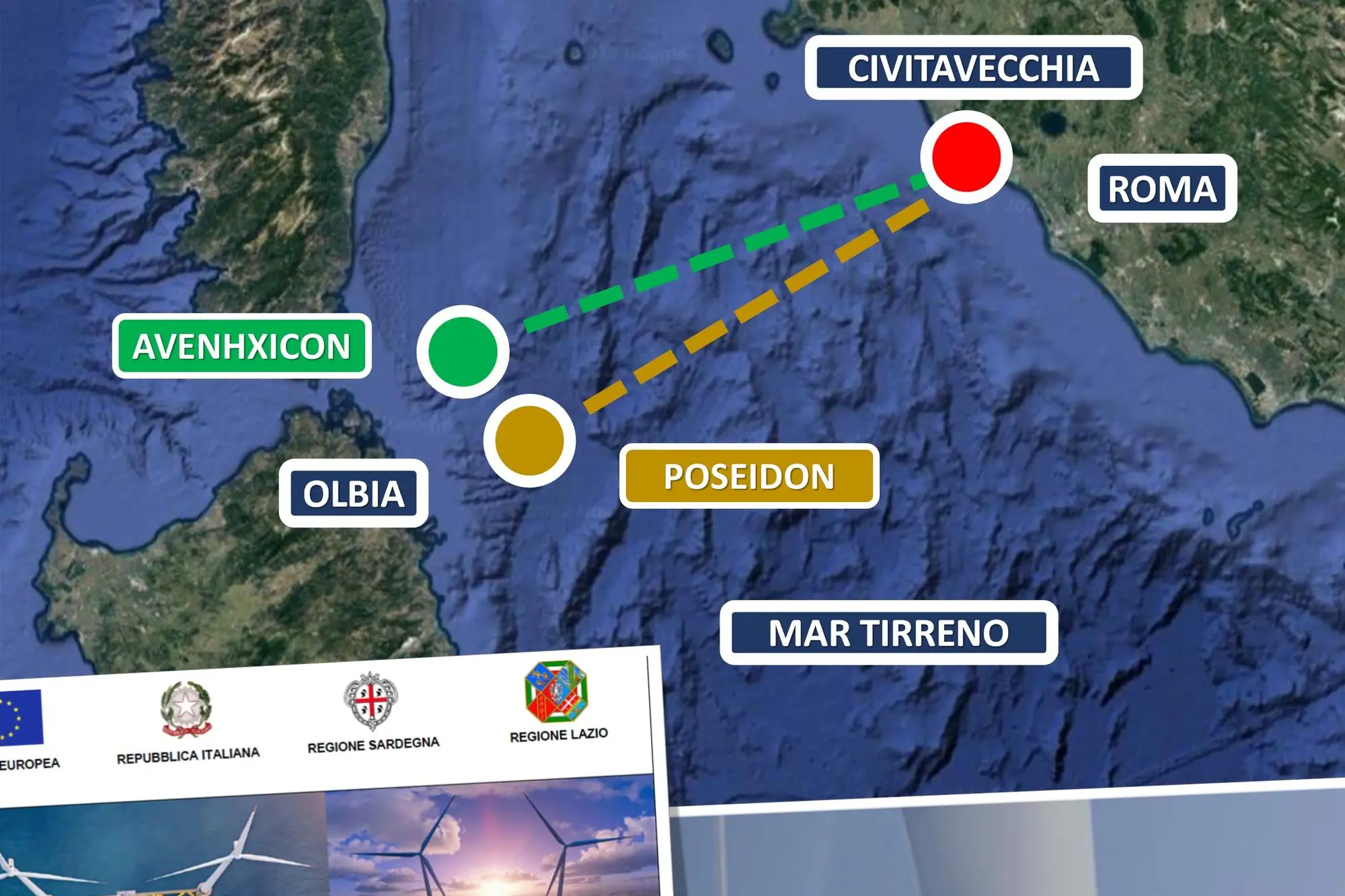 La mappa dei due nuovi progetti offshore e le connessioni elettriche verso Civitavecchia (L'Unione Sarda)