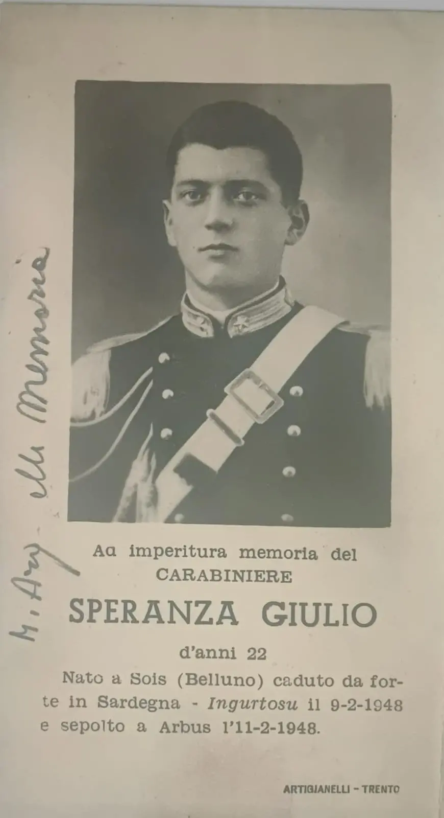 Il carabiniere Giulio Speranza (foto concessa)