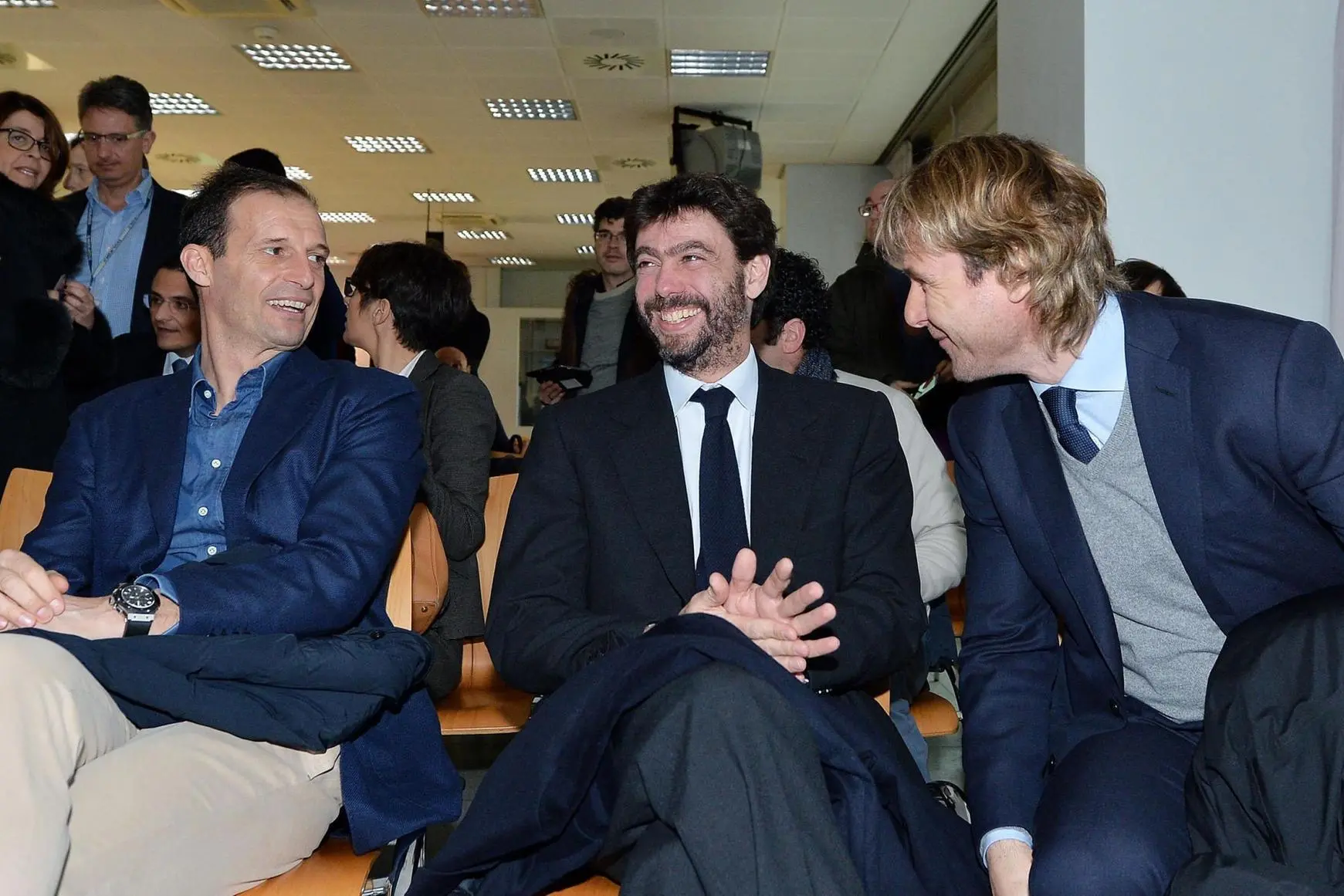 From left to right Juventus' head coach Massimiliano Allegri, Juventus' president Andrea Agnelli and Juventus' executive vice president Pavel Nedved on the occasion of the presentation of a charity event called 'Partita del Cuore', Turin, 16 February 2016. ANSA/ ALESSANDRO DI MARCO