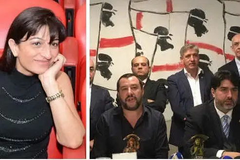 A sinistra, Lidia Fancello; a destra, Salvini e Solinas al congresso del Psd'Az (foto L'Unione Sarda e Ansa)