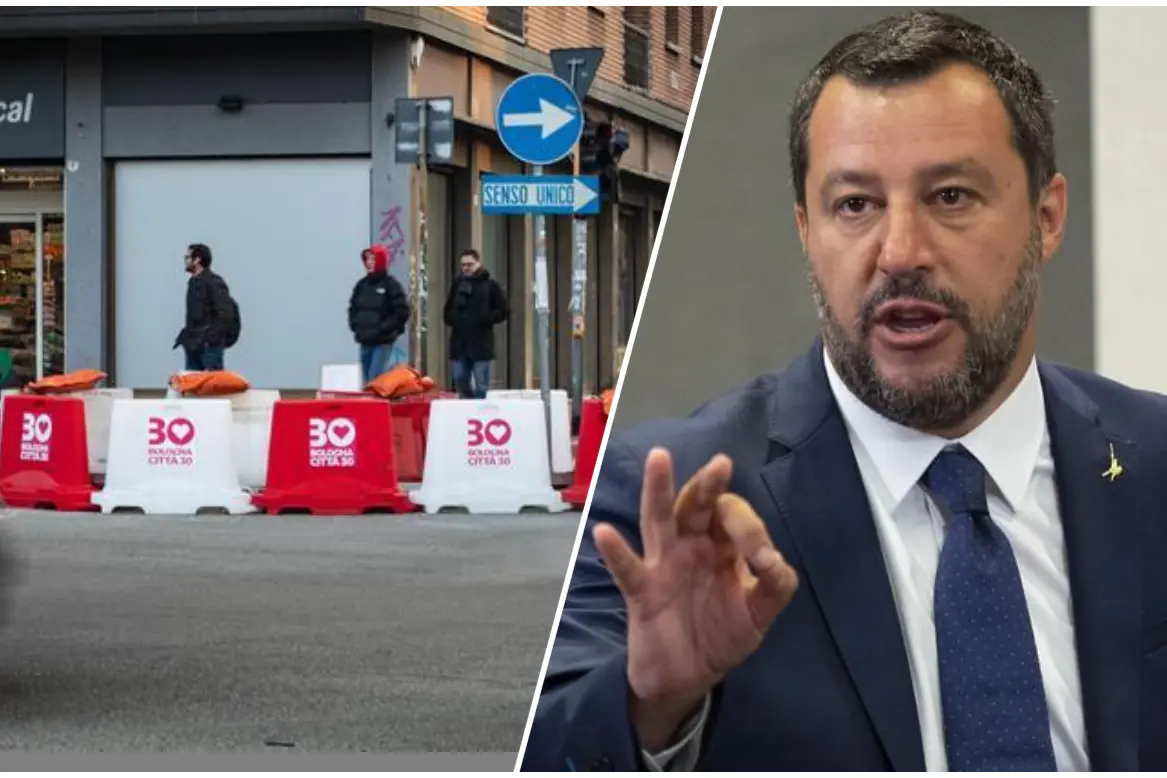 Bologna "Città 30" e il ministro Matteo Salvini (foto Ansa)