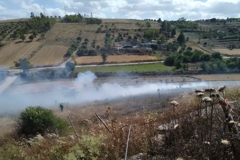 L'incendio lungo la provinciale per Lunamatrona (foto Pintori)
