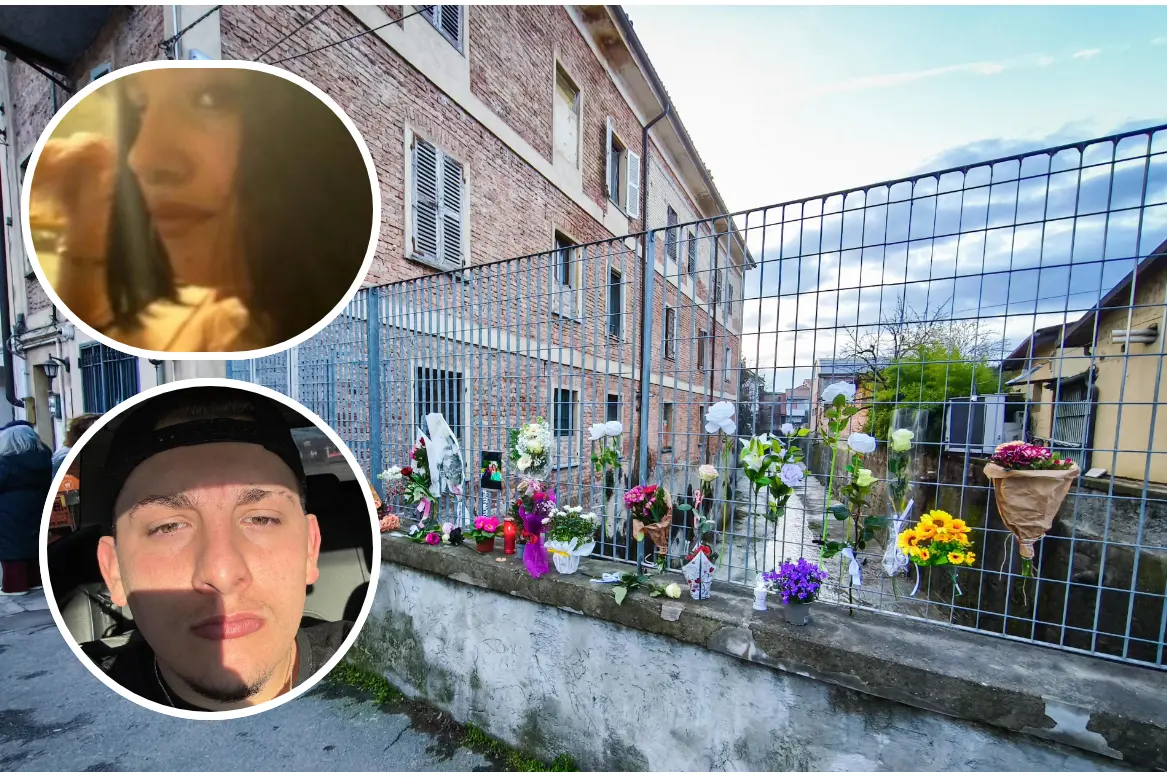 Fiori nel luogo in cui è stata trovata morta Zoe Trinchero, nel riquadro la vittima e Alex Manna (Ansa)