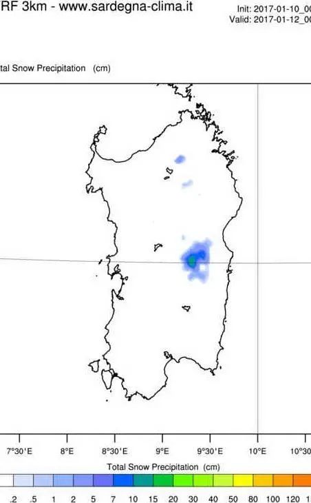 In blu le zone dove sono previste nevicate