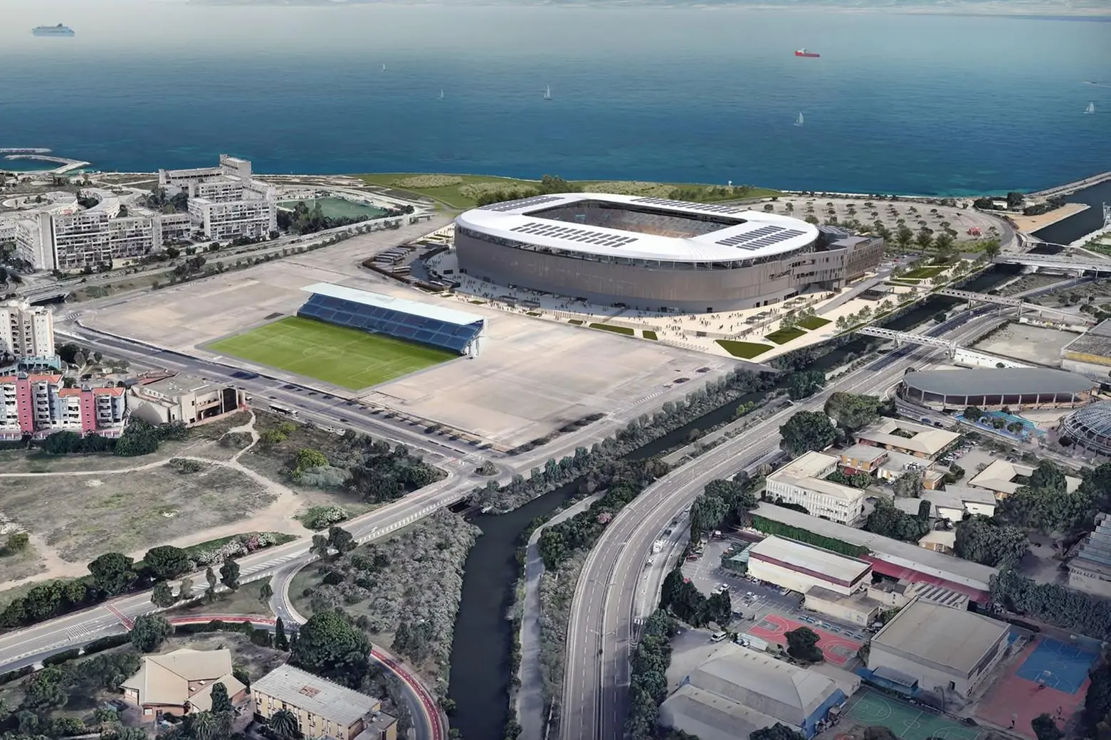 Un render del nuovo stadio del Cagliari