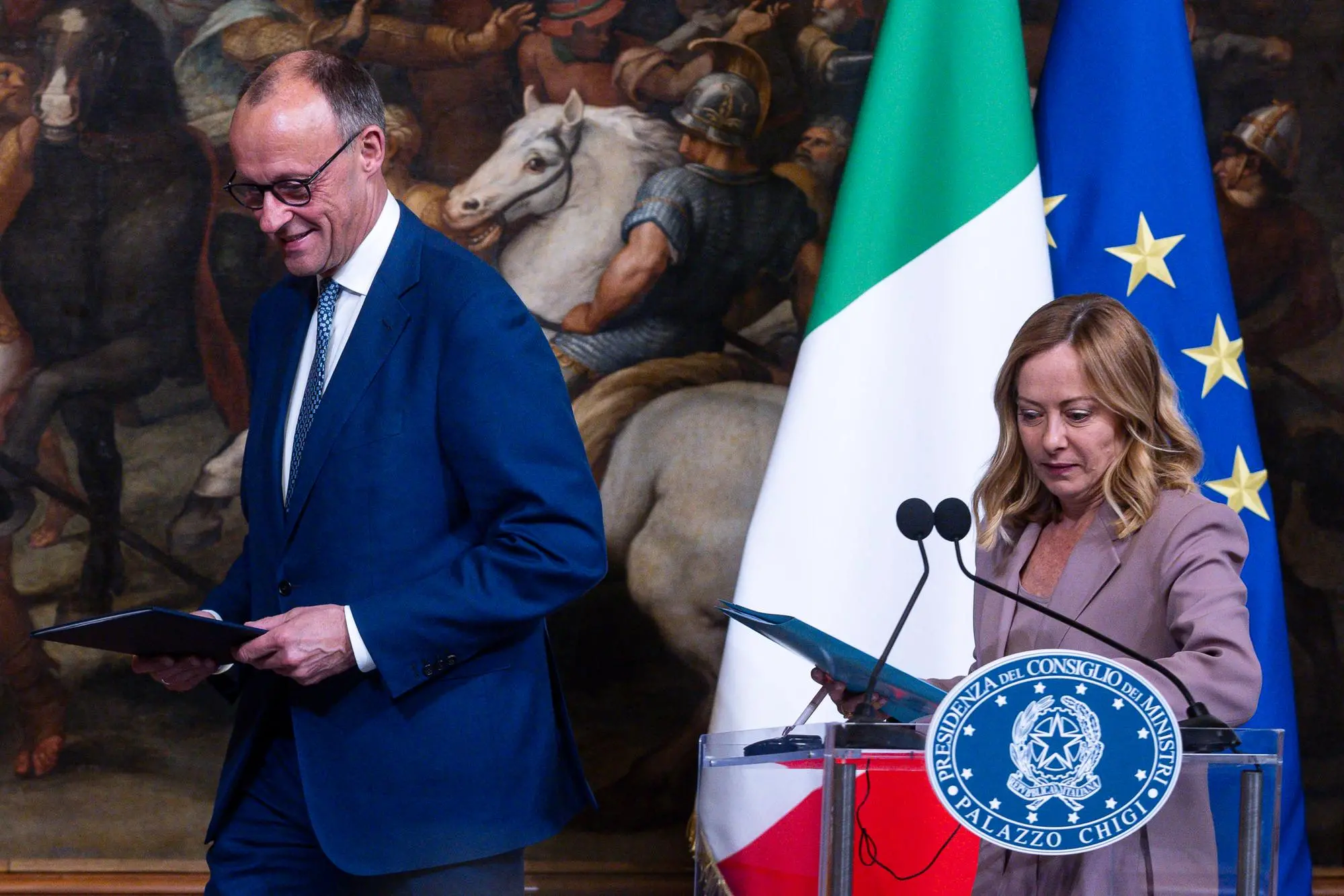 Italian Prime Minister Giorgia Meloni with German Chancellor Friedrich Merz during a press conference following their meeting at Palazzo Chigi, in Rome, Italy, 17 May 2025. ANSA/ANGELO CARCONI