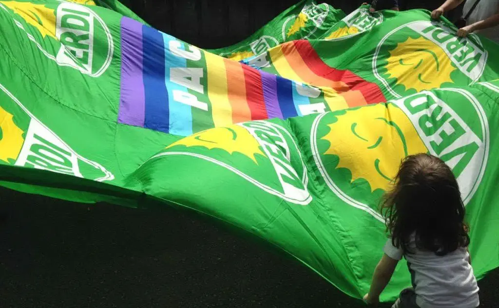 Una bimba gioca con la bandiera dei Verdi e della pace