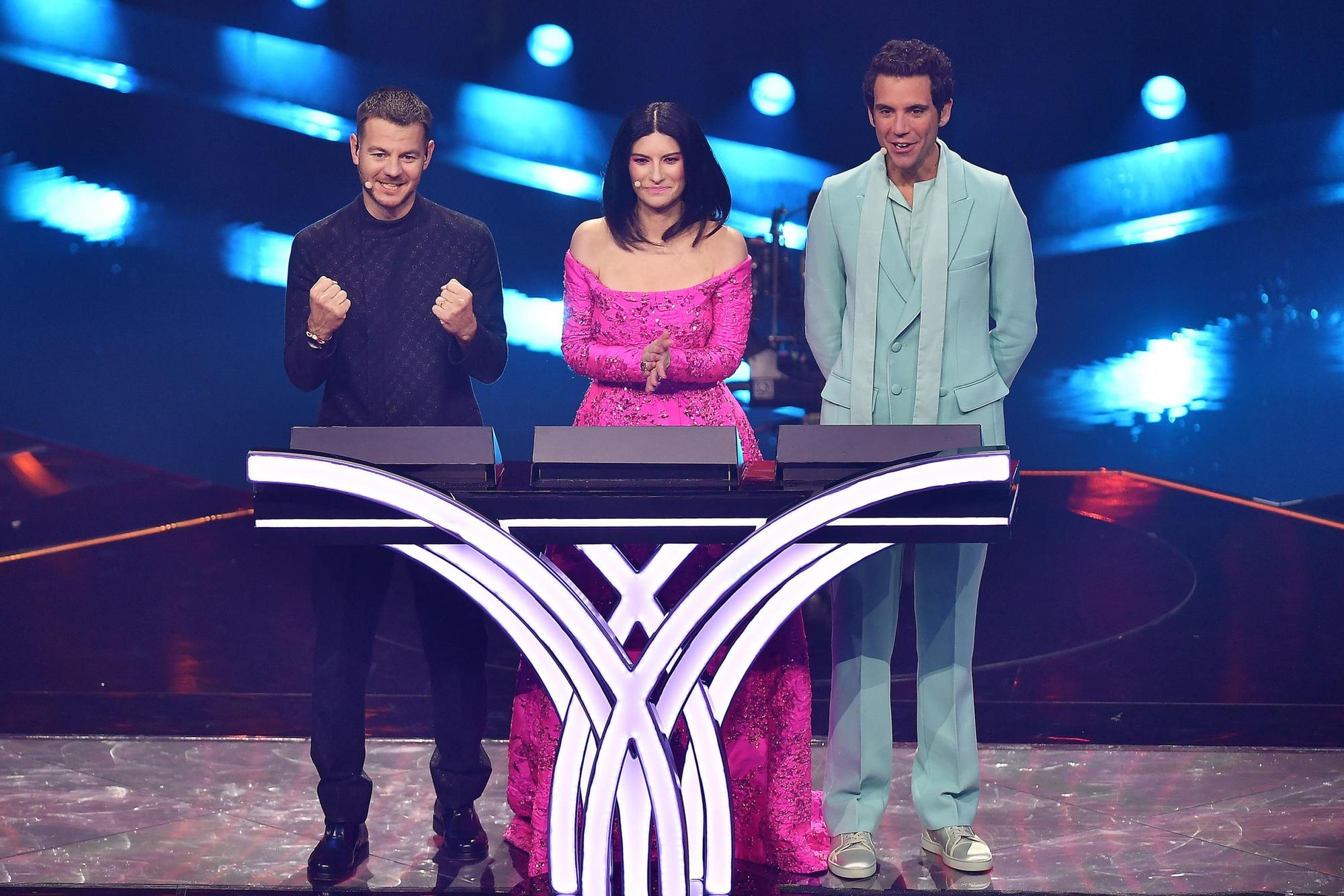 Alessandro Cattelan, Laura Pausini e Mika, conduttori dell'Eurovision Song Contest (Ansa - Di Marco)