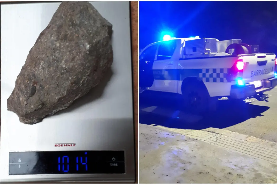 Una delle pietre lanciate e l'intervento dei barracelli (foto Floris)