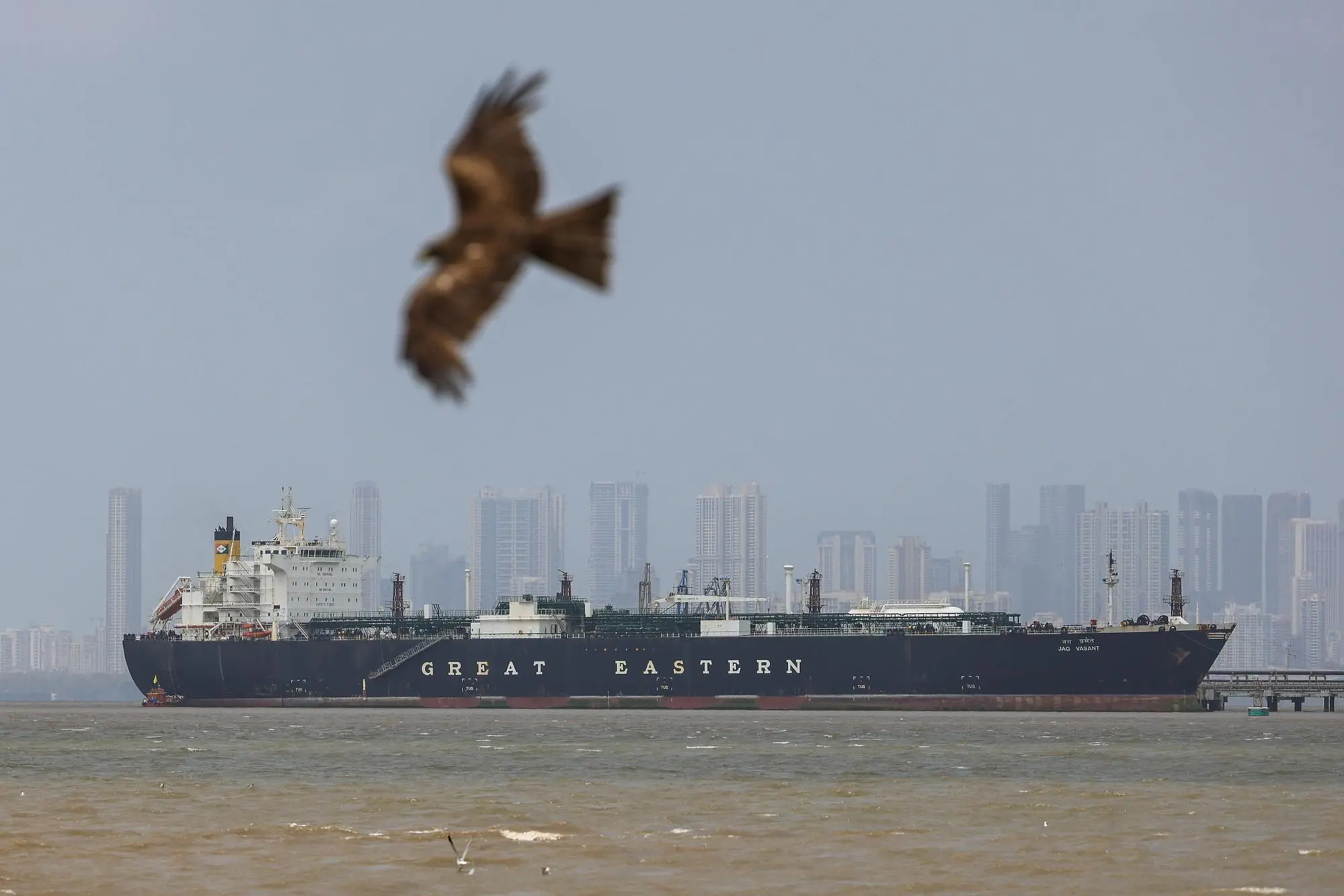 epa12864056 The Indian-flagged carrier Jag Vasant, carrying liquefied petroleum gas (LPG) via the Strait of Hormuz, arrives at Mumbai Port in Mumbai, India, 01 April 2026. Stalled shipments from the Gulf, driven by escalating Middle East conflicts, are causing widespread LPG supply disruptions across the country. EPA/DIVYAKANT SOLANKI