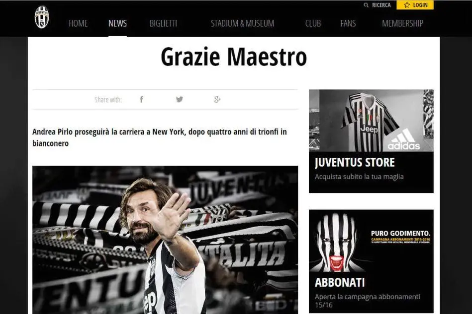 I saluti a Pirlo dal sito della Juventus