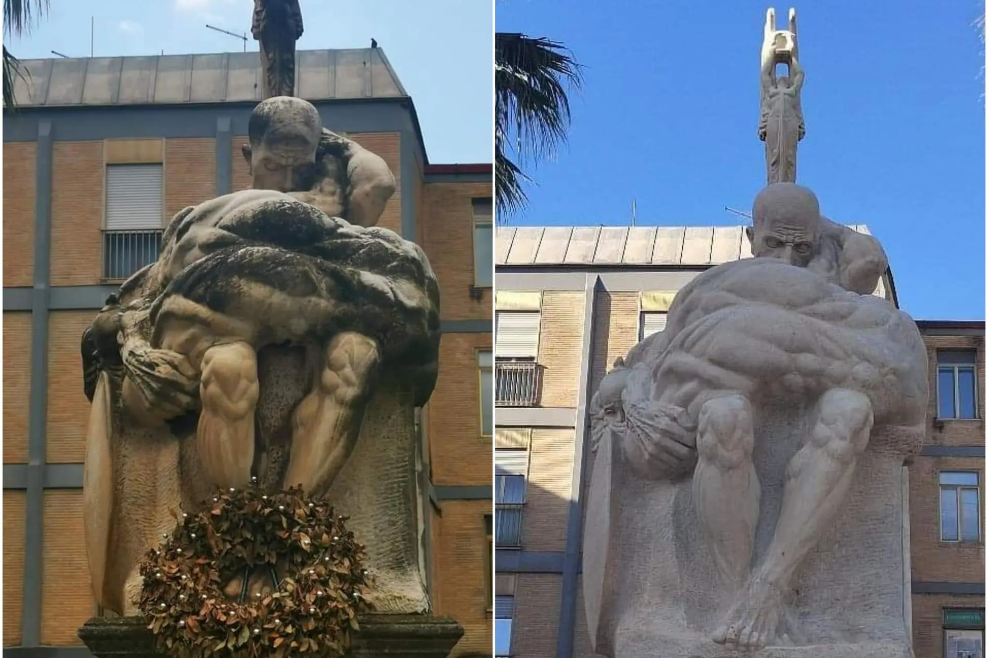 A sinistra, l'opera di Francesco Ciusa prima del restauro. A sinistra, dopo il restauro