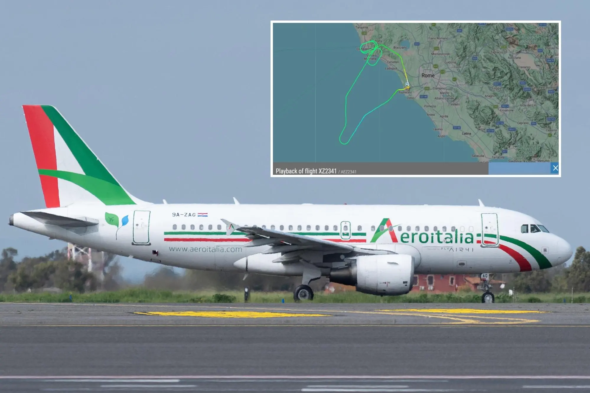 Ein Flugzeug von Aeroitalia und, im Detailbild, die Route des Rückfluges