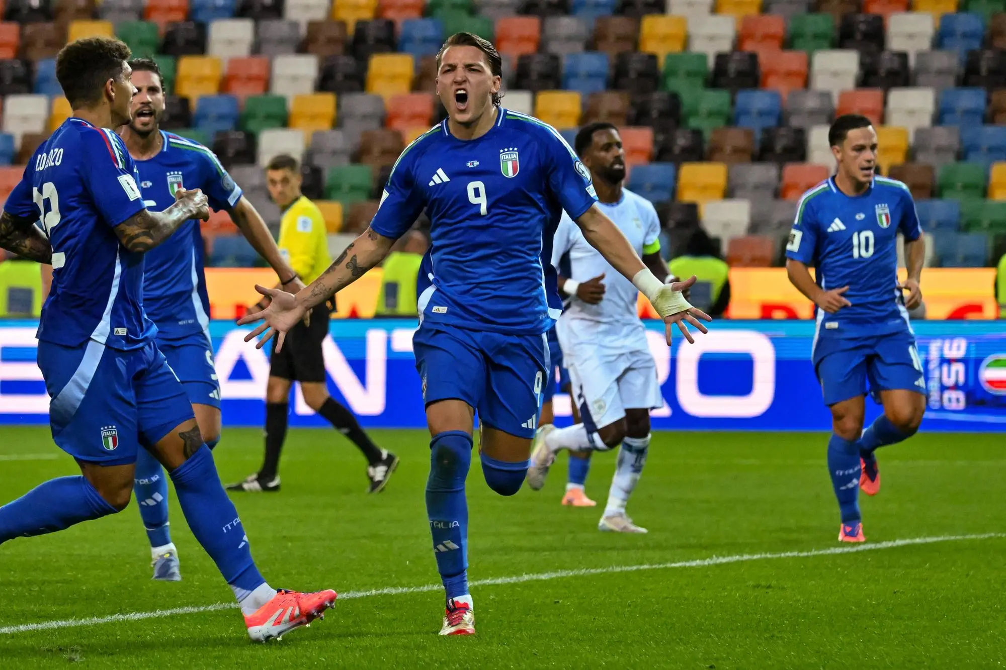 Italy’s Mateo Retegui celebrates after scoring a goal during the 2026 FIFA World Cup European Qualifiers soccer match between Italy vs Israel at the Bluenergy Stadium – Stadio Friuli in Udine, Italy, 14 October 2025. ANSA/Alessio Marini