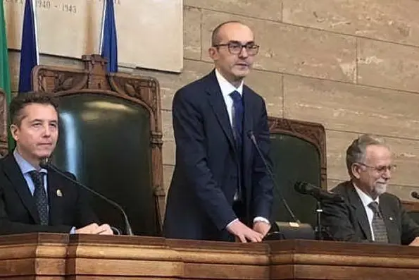 Paolo Truzzu, sindaco di Cagliari, e Luca Pisano, psicologo psicoterapeuta e direttore dell’Osservatorio Cybercrime Sardegna (foto Mauro Madeddu)